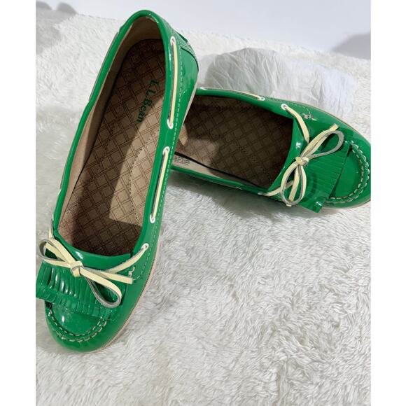 L.L. Bean Patent Leather Moc/Boat-Style Flats Rare Green Made in Brazil Size 8M - Picture 3 of 6